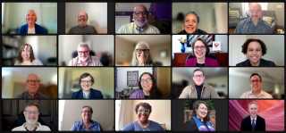 UUA Board of Trustees at its October 21, 2022 Meeting via Zoom. Images of each Trustee and UUA Staff are tiled.