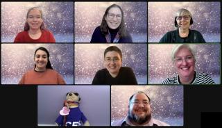 CER Staff on Zoom holiday photo. Headshots of Beth Casebolt, Renee Ruchtozke, Patricia Infante, Sana Saeed, Evin Carvill-Ziemer, Megan Foley, a stuffed meerkat and Sunshine Wolfe with purple and pink backgrounds with snow on them.