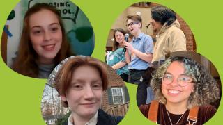 Photos of Spring Seminar Youth Deans. From left to right: Sofia Geiger (2020-21), Teaghan McLaughlin (2022-23), Taz Trefzger (2019-2020), Pablo deVos-Deak (2018-2019), Noella Prescod (2021-22)