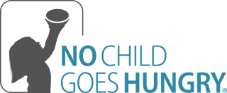 line drawing of a child holding a bowl over their head with the words No Child Goes Hungry