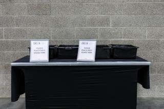 a three bin waste sorting station at the Oregon Convention Center