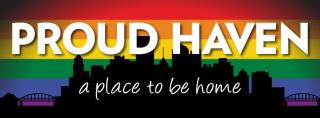 The words "proud haven" in white text over a rainbow colored backdrop, with a black city skyline below