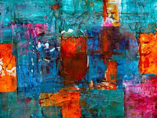 An abstract expressionist painting by Steve Johnson of vivid teals and blues and oranges in broad, blocky strokes