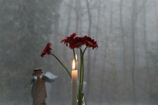 A small vase of red Gerbera daisies, a lit taper, and a wooden angel are on a window sill, outside of which there's a grey winter day.