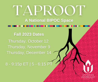 On a lime green background with a black outline of a root system reads: Taproot: A National BIPOC Space. Fall 2023 Dates - Thursday, October 12, Thursday, November 9, and Thursday, December 14. From 8 to 9:15 eastern time pm, 5 to 6:15 pacific time pm. 