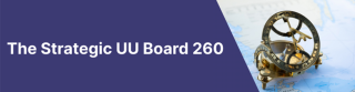 A UU Institute course banner with the wording "The Strategic UU Board 260" in white letters on a purple background with a photo of a brass measuring instrument to the right. 