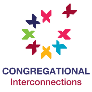 Congregational Interconnections Logo with a colorful circle of butterflies?/birds?/chalices? with one just outside the circle, ambiguously flying in or out of the circle. 