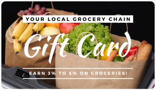 Mock up of a grocery store gift card, with a photo of two paper bags full of colorful and attractive produce.