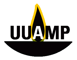 Logo for Unitarian Universalist Association of Membership Professionals.  Black chalice bowl and black flame outlined in yellow, with the letters UUAMP placed over chalice.