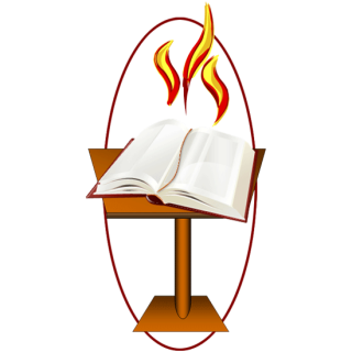 Book Chalice: a graphic of a flaming chalice, with a book on a podium in place of the chalice cup.
