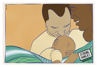 Mama's Day graphic of couple with baby.