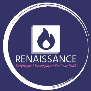 Blueish purple background with a white, fading circle around a flame in the middle. Under the flame, it reads Renaissance and under that, "Professional Development for Your Faith."