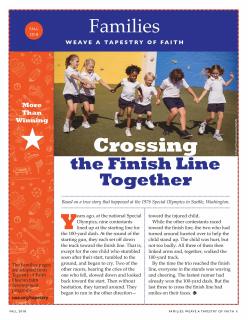 UU World Families insert cover, Fall 2018. A line of kids run together in the photo, over the title "Crossing the Finish Line Together" which is the title of the story which follows. On the left, an orange color field has the words "More than Winning"