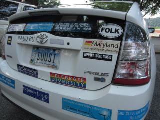 The owner of this car with many bumper stickers is a regular attendee at the Southern Unitarian Universalist Summer Institute (SUUSI).