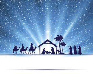 illustration of nativity scene under glowing dark blue night sky, silhouettes of parents with baby, riders on camels, palm trees