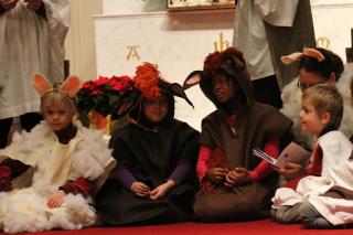 On a church chancel, children dressed as sheep and cows kneel during a Christmas pageant