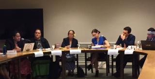 Salote Soqo from UUSC addresses fellow panelists and participants at UN panel event cohosted by the UU-UNO