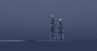 Against a stark grey sky, two tall evergreens are decked with simple white lights