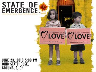 Two children hold Standing on the Side of Love placards. Card reads "State of Emergence"