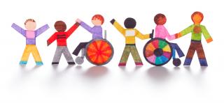 Colorful illustration of kids some using wheelchairs some not.