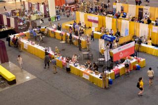 an overhead view of the UUA booths in the GA exhibit hall