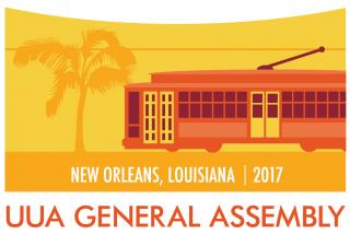 A red trolly against a yellow background, GA 2017 New Orleans
