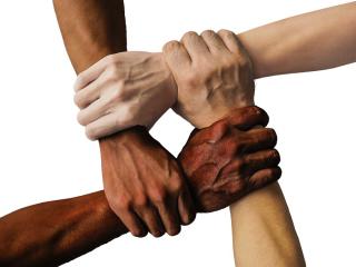 our hands reflecting diverse skin tones, each grasping the wrist of the next
