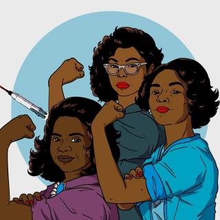 Cartoon drawing of the "Hidden Figures" of NASA flexing their biceps with curled fists