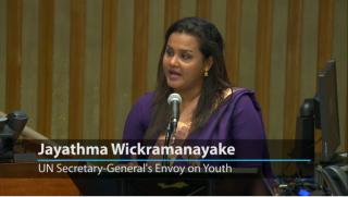 Screenshot from a brief UN Web TV video about the value of Intergenerational Work - this shot shows Jayathma Wickramanayake, the UN's Special Envoy on Youth addressing a conference at the UN.
