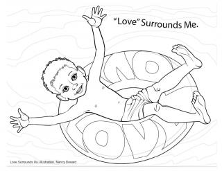 A line drawing, meant to be used for coloring, of a child wearing a bathing suit in an inner tube floating in a lake or pool