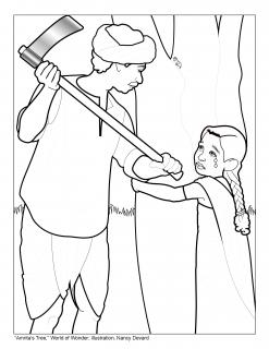 Line drawing of a young girl hugging a tree while a woodcutter stands ready to cut it down with an axe