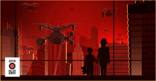 Illustration in red and black of two people, an adult and child, looking off the balcony of a tall building at an armed drone which seems to be pointed at them.