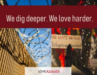 Image of barbed wire fence and sign that says No hate, no fear. Love Resists logo.