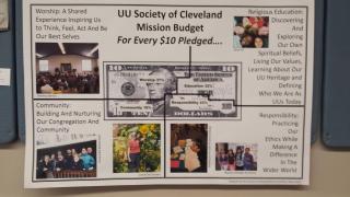 Photo of poster showing a 10 dollar bill and how it is divided among church programs.
