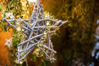 A star, densely woven from delicate branches, hanging next to a branch of mistletoe.