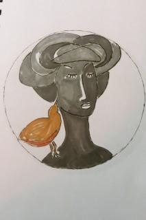 Mandala of woman's head with bird on shoulder speaking in her ear