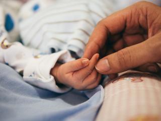A newborn baby's hand is held gently by an adult hand.