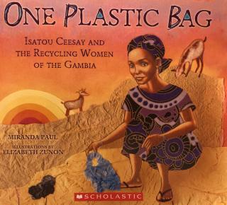 Illustration of the book "One Plastic Bag" showing a girl holding a plastic bag surrounded by some animals and a setting sun