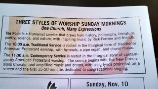 Photo of an order of service from All Souls Tulsa describing their three styles of Sunday worship