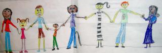 Child's illustration of eight people holding hands.