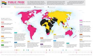 Map of Pride parades around the world, showing countries where pride parades were public in Pink, countries where pride parades occurred despite political/violent opposition in yellow, and countries where homosexuality is illegal in black