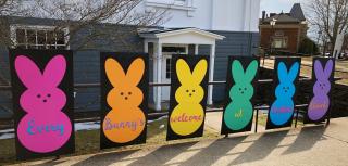 Six panels, each one in a different color of "Peep"-shaped bunny, with the words Every + bunny's + welcome + at + Westfield + Church