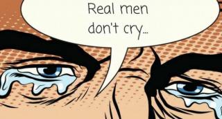 Image of cartoon-pop man's eyes brimming with tears with the balloon-caption "Real men don't cry."