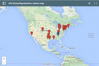 Image of US map with dots identifying UU congregations engaged in reproductive justice ministry