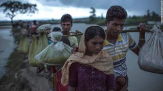 Rohingya refugees after crossing the border between Myanmar and Bangladesh.