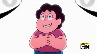 The cartoon character Steven Universe, a small smiling child with black curly hair and tears of joy welling in their eyes.