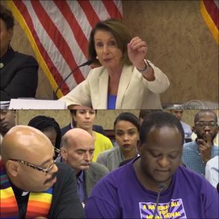 House Democratic Leader Nancy Pelosi gesturing at Rev. Michael Crumpler who testifies with a representative of the Poor People's Campaign
