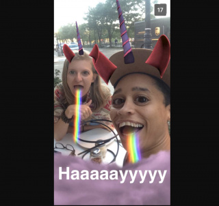 Snapchat text and filters makes an image of two friends memorable.
