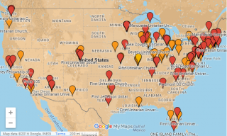 A Google map with pins marking congregations displaying Black Lives Matter banners