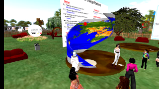 Screenshot of avatars examining a climate change sculpture on Inspiration Island, a place in the virtual world, Second Life 